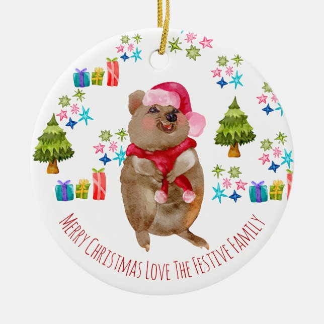 Custom Cute Quokka Aussie Christmas Ceramic Tree Decoration (Front)