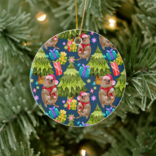 Custom Cute Quokka Blue Christmas Ceramic Ornament