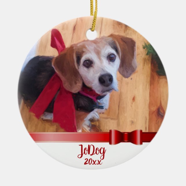 Custom Cute Red Bow Pet 2 Photo Christmas Ceramic Tree Decoration (Front)