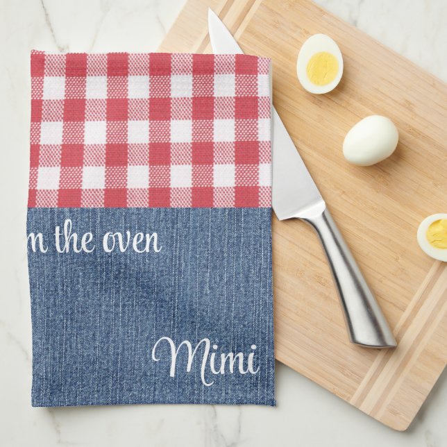 Custom Cute Red & White Check Blue Denim Tea Towel (Quarter Fold)