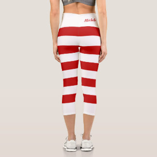 Custom Cute Red White Stripes Candy Cane Christmas Capri Leggings