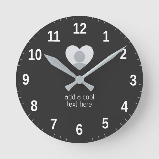 Custom Cute Simple Heart Photo and Text Round Clock (Front)