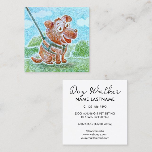 Custom Cute Smiling Dog Walking Sitting Service Square Business Card (Front/Back)