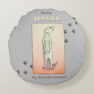 Custom Cute Soft Grey Peach Meerkat Baby Name Round Cushion