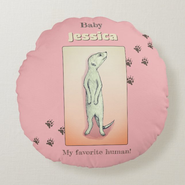 Custom Cute Soft Pink Peach Meerkat Baby Name Round Cushion (Front)