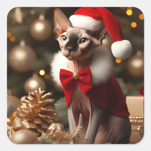 Custom Cute Sphynx Cat Christmas Santa Hat Sticker (Front)