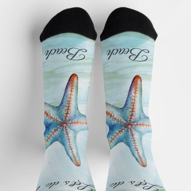 Custom cute starfish Watercolor blue sky script Socks (Top)