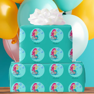 Custom Cute Teal Mermaid Girl Wrapping Paper