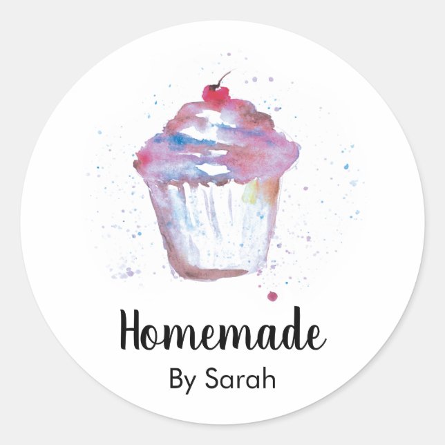 Custom Cute Watercolor Cupcake Homemade Classic Round Sticker (Front)