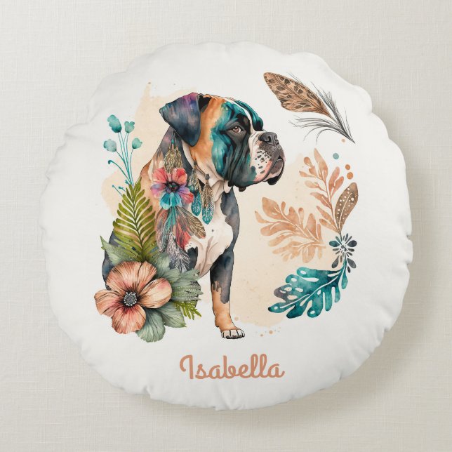 Custom Cute Watercolor Floral Boho Bulldog Round Cushion (Front)