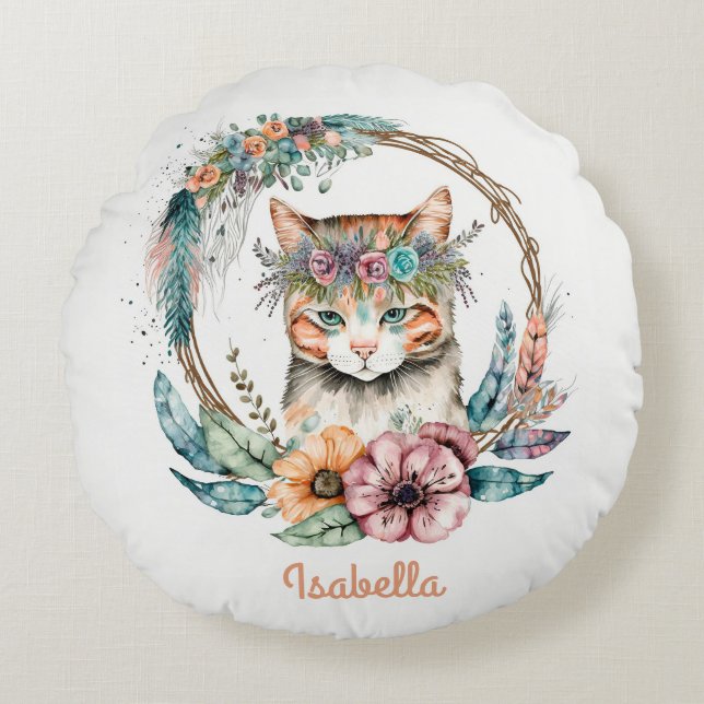 Custom Cute Watercolor Floral Boho Cat Round Cushion (Front)