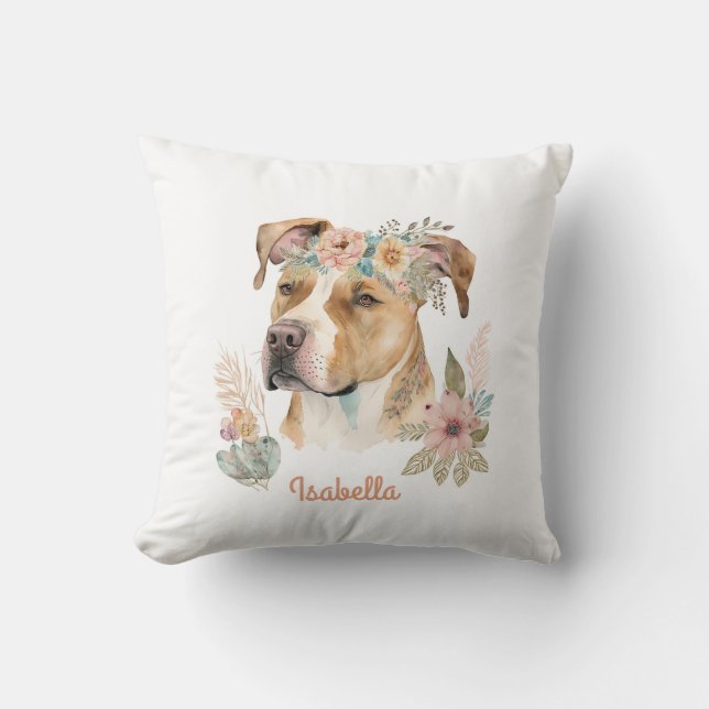 Custom Cute Watercolor Floral Boho Pitbull Dog Cushion (Front)