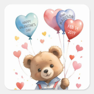 Custom Cute Watercolor Teddy Bear Valentines Day Square Sticker