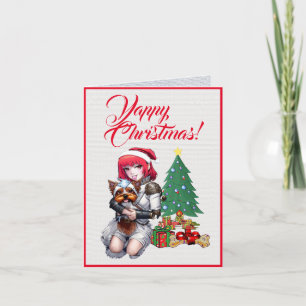 Custom Cute Yorkie Dog With Little Girl Christmas Card
