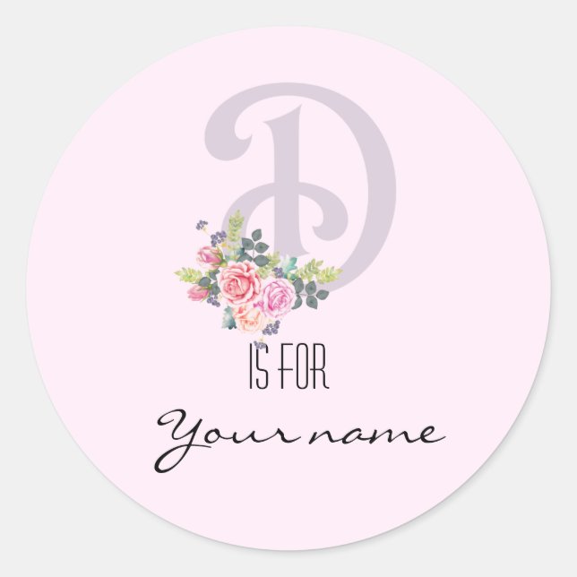 Custom D Name Floral Flower Pink Letter D Modern Classic Round Sticker (Front)