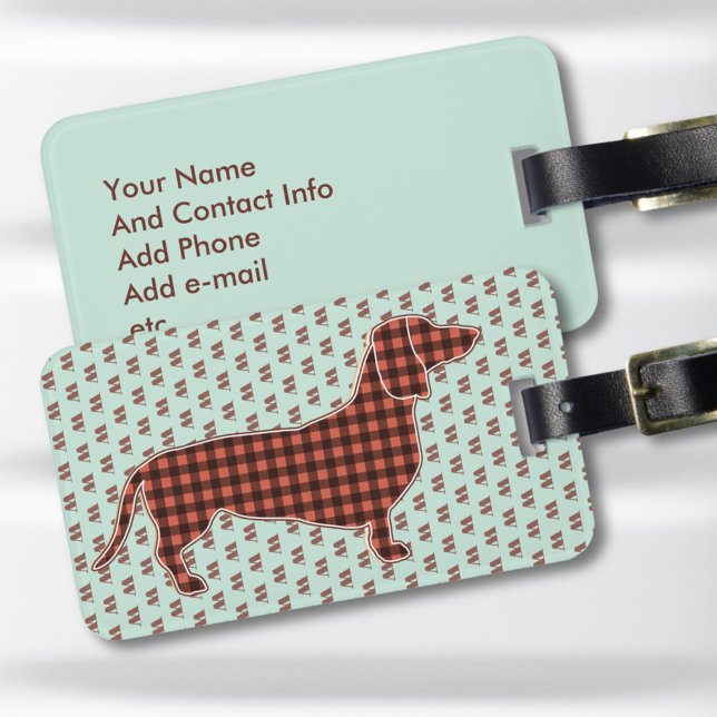 Custom Dachshund Luggage Tag Black and Tan Gingham (Monogram dachshund luggage tag with contact details. Get this black and tan gingham dachshund!)