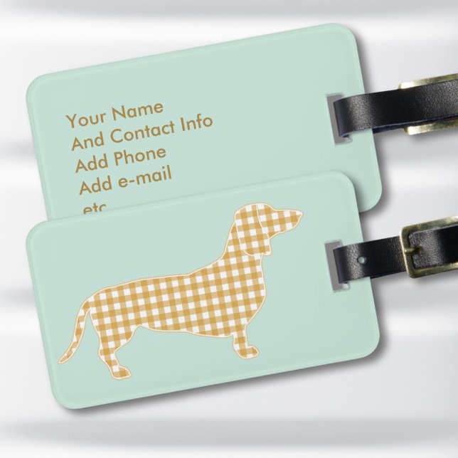 Custom Dachshund Luggage Tag - Cream Gingham (Personalized gingham dachshund luggage tag. Put a preppy sausage dog on your suitcase)