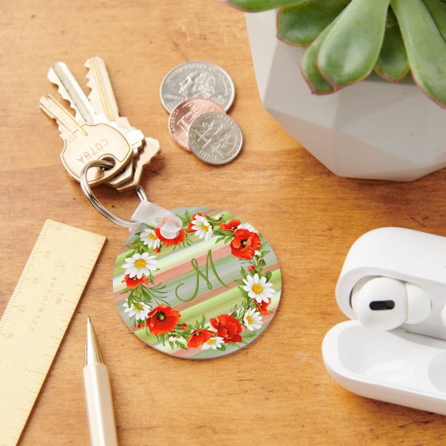 Custom Daisies Poppies Monogram Flower Wreath Key Ring (Desk)