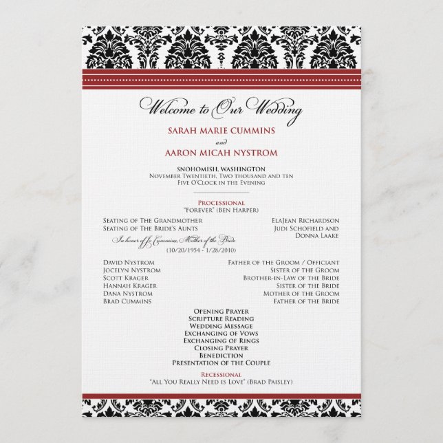 :custom: Damask black/red Wedding Program Programme (Front)