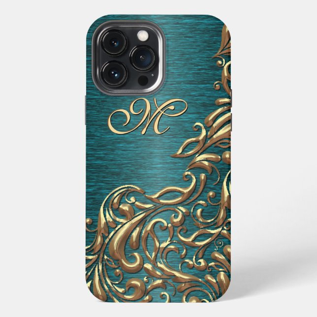 Custom Damask Floral Pattern On Teal Blue Green iPhone Case (Back)