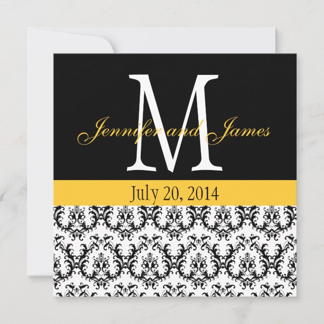 Custom Damask Monogram Wedding Invitation Yellow (Front)