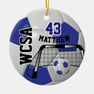 Custom Dark Blue and White Personalise Soccer Ball Ceramic Tree Decoration