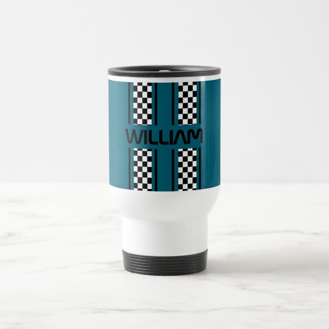 Custom Dark Blue Black Auto Race Stripe  Travel Mug (Center)