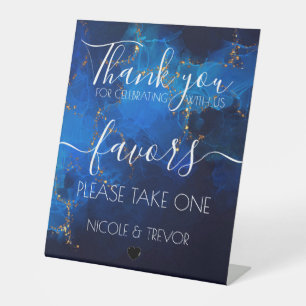 Custom Dark Blue Gold Calligraphy Favours Wedding Pedestal Sign