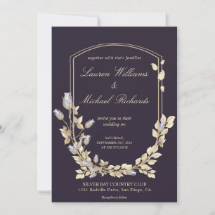 Custom Dark Blue Gold Flower Shield Wedding Invitation