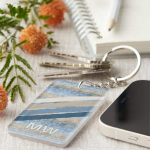 Custom Dark Blue Grey Taupe Brown Retro Stripes Key Ring