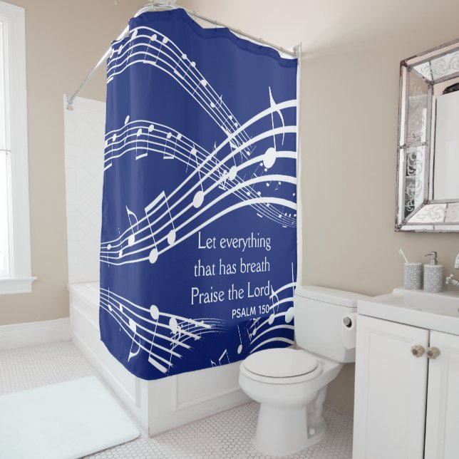 Custom Dark Blue Music Notes Christian Shower Curtain (In Situ)