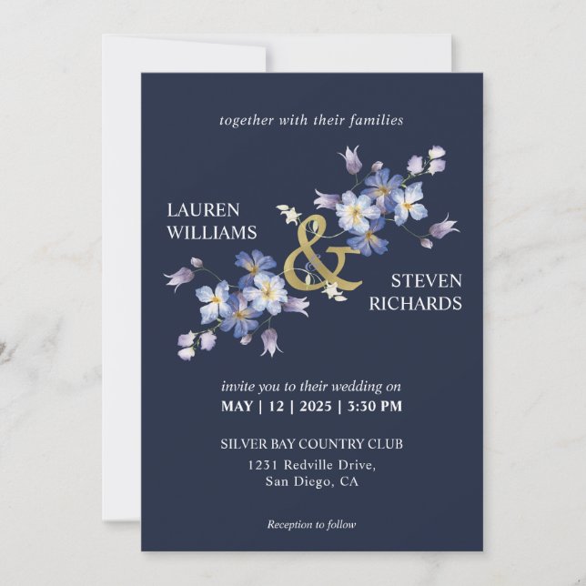 Custom Dark Blue Purple Flowers Decoration Wedding Invitation (Front)