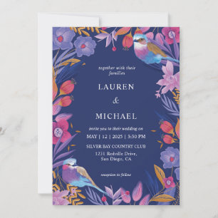 Custom Dark Blue Purple Nature Bird Flower Wedding Invitation