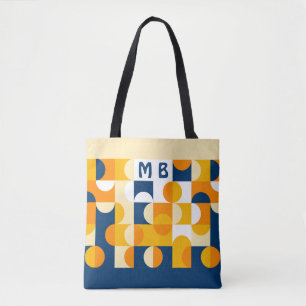 Custom Dark Blue Sunny Yellow Retro Art Pattern Tote Bag