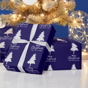 Custom Dark Blue White Christmas Tree Family Name Wrapping Paper
