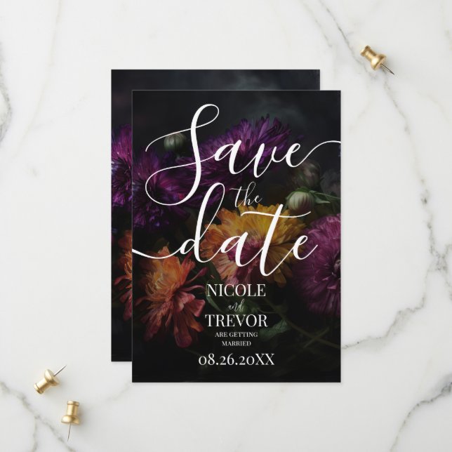 Custom Dark Colourful Flowers Wedding Save The Date (Front/Back In Situ)