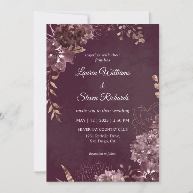 Custom Dark Deep Purple  Chocolate Flower Wedding  Invitation (Front)