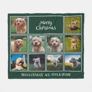 Custom Dark Green 10 Photo Merry Christmas Pets Fleece Blanket