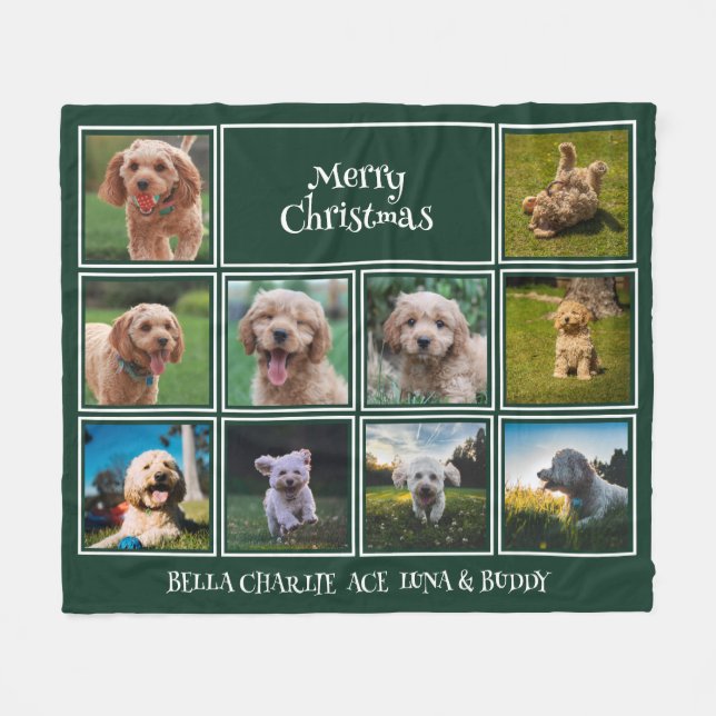 Custom Dark Green 10 Photo Merry Christmas Pets Fleece Blanket (Front (Horizontal))