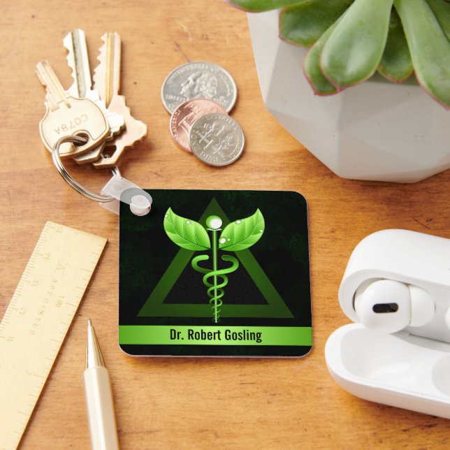 Custom Dark Green Caduceus Alternative Medicine Key Ring (Desk)