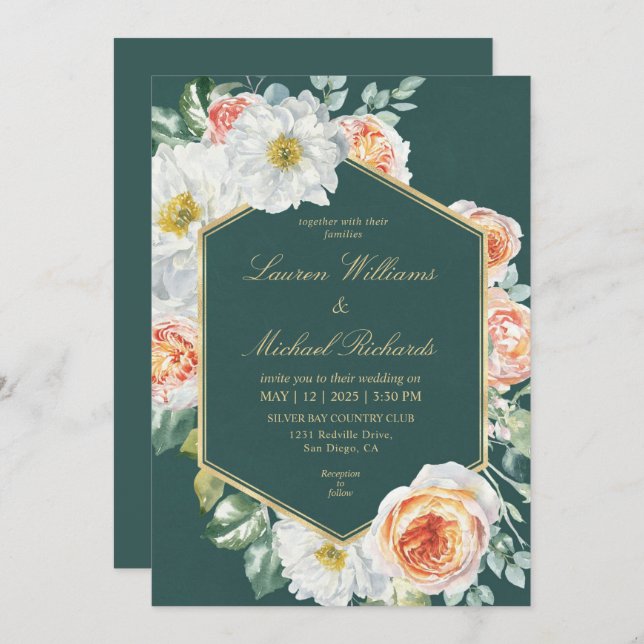 Custom Dark Green White Watercolor Floral Wedding Invitation (Front/Back)
