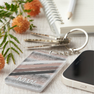 Custom Dark Grey Beige Brown Retro Stripes Key Ring