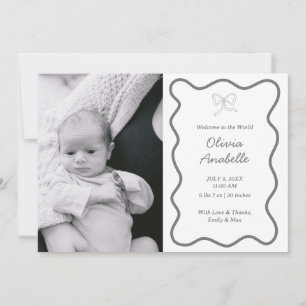 Custom Dark Grey Bow Wavy Boho Collage Baby Birth Announcement