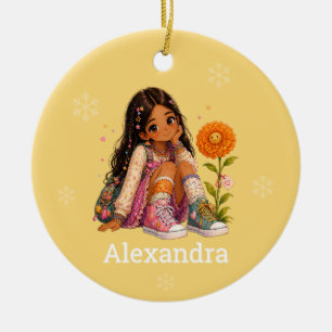 Custom Dark Hair Girl Name Ceramic Tree Decoration
