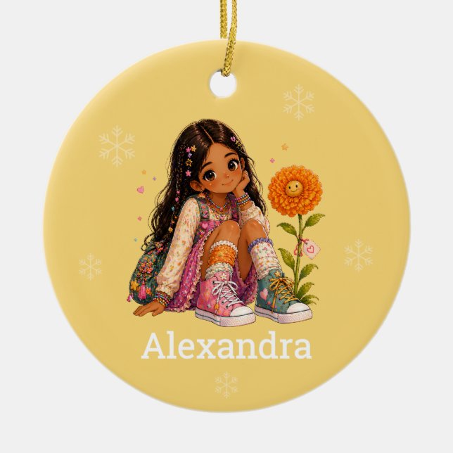 Custom Dark Hair Girl Name Ceramic Tree Decoration (Front)