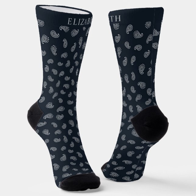 Custom Dark Navy Blue Black White Paisley Pattern  Socks (Angled)
