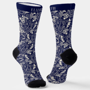 Custom Dark Navy Blue Cream Paisley Pattern Socks