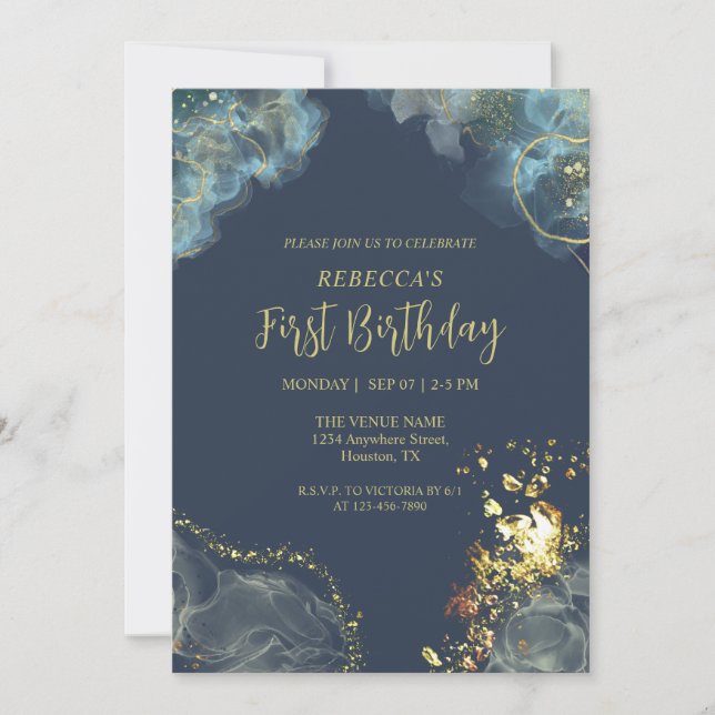 Custom Dark Navy Blue Gold Premium Monogram Invitation (Front)