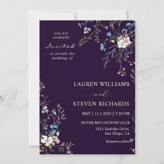 Custom Dark Navy Blue White Blossom Wedding Invitation