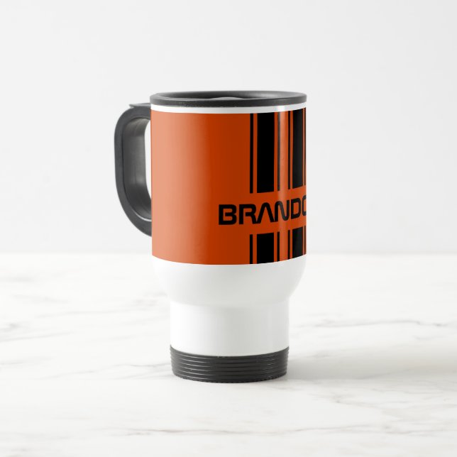 Custom Dark Orange Black Auto Race Sport Stripe Travel Mug (Front Left)